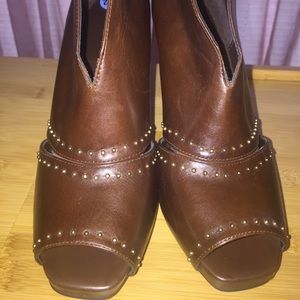 Dark brown, studded, open-toed bootie